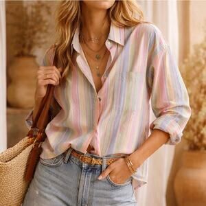 Women’s Preppy Summer Rainbow Pastel L.L. Bean 100% Cotton Button Down Shirt